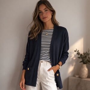 St. John Basics Navy Knit Open Front Cardigan Sz L Quiet Luxury Career Old Money